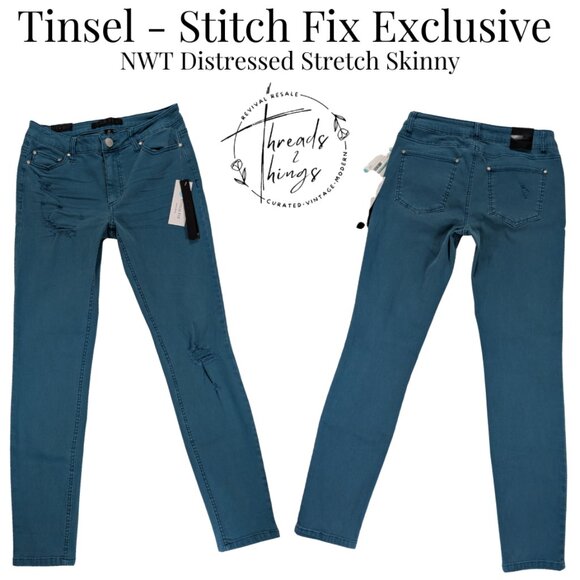NWT Tinsel Jeans Stitch Fix Womens 27 4 Teal Turquoise Distressed Stretch Denim - Picture 1 of 13